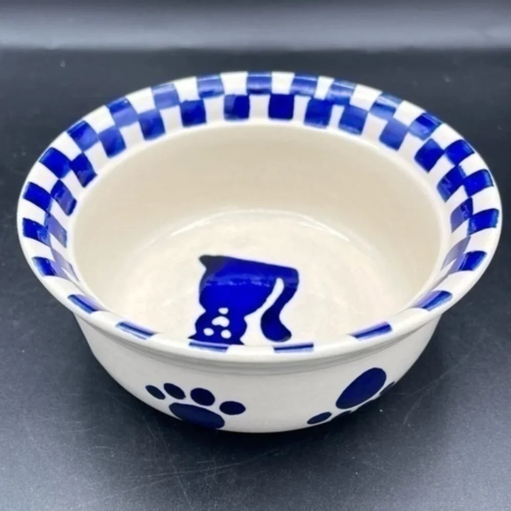 Blue and White Pottery Cat Bowl checkered